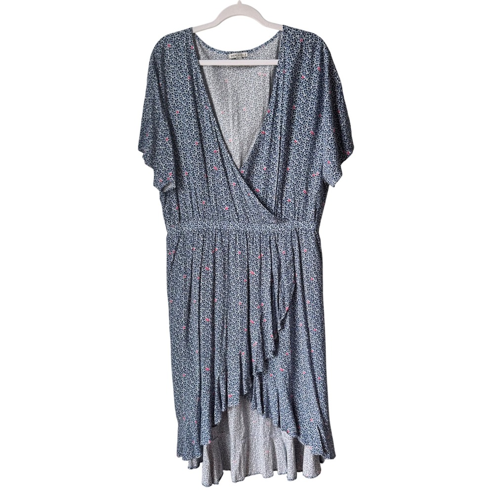 J. Crew Mercantile Dress Surplice Faux Wrap Ruffle Skirt Blue Ditsy Floral SZ XL